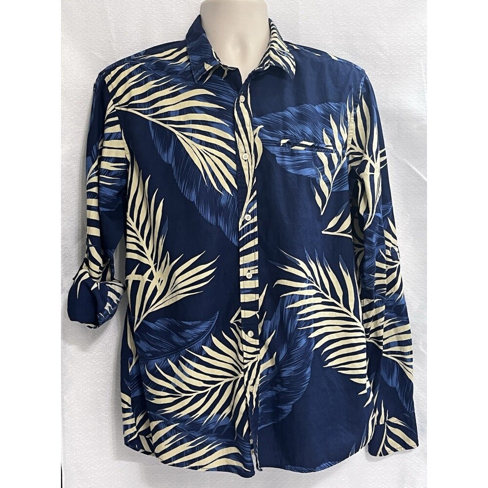Scotch & Soda Vacay Everyday Button Up Palm Roll Tab Sleeve Mens L Blue Yellow